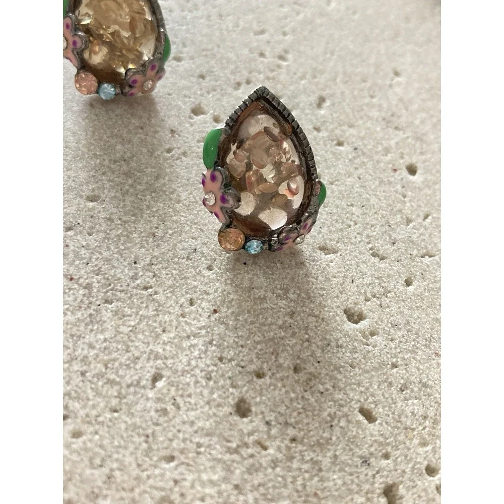 Whimsical Teardrop Rhinestone Enamel Floral Stud Earrings Champagne Stone‎